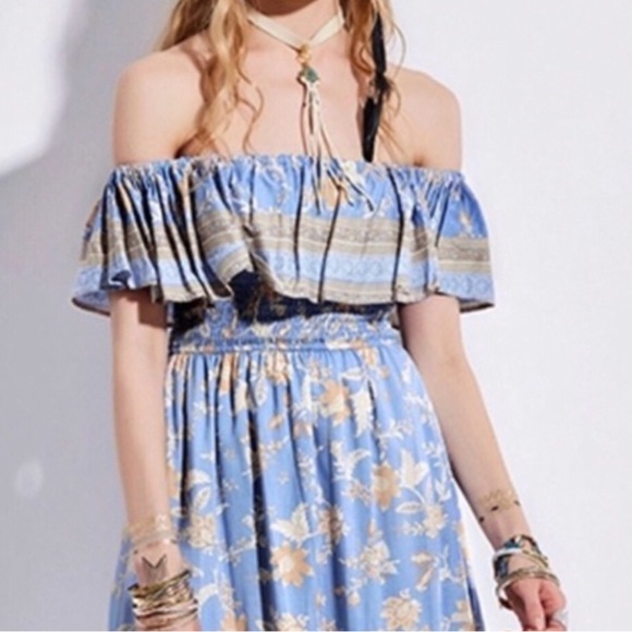 Ruffled Off-The-Shoulder Blue Border Floral Print Dress Women’s Multi Sizes NWT - Picture 7 of 10